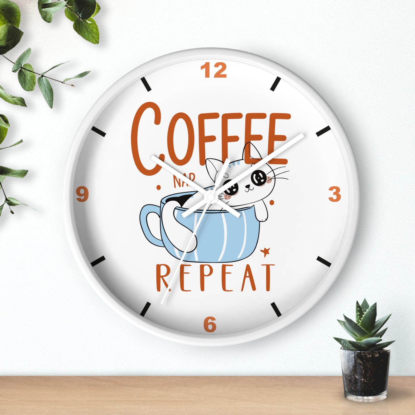 Coffee Nap Repeat Wall Clock | Cute Cat in Mug Kitchen Decor