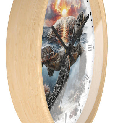 Round wall clock with a light natural wood frame and a printed sea turtle underwater scene on the face, with black hands and minimal black numerals on a white background.