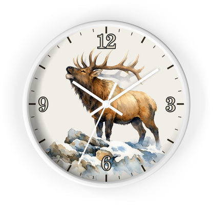 Elk Winter Wall Clock — Rustic Watercolor Mountain Lodge Decor