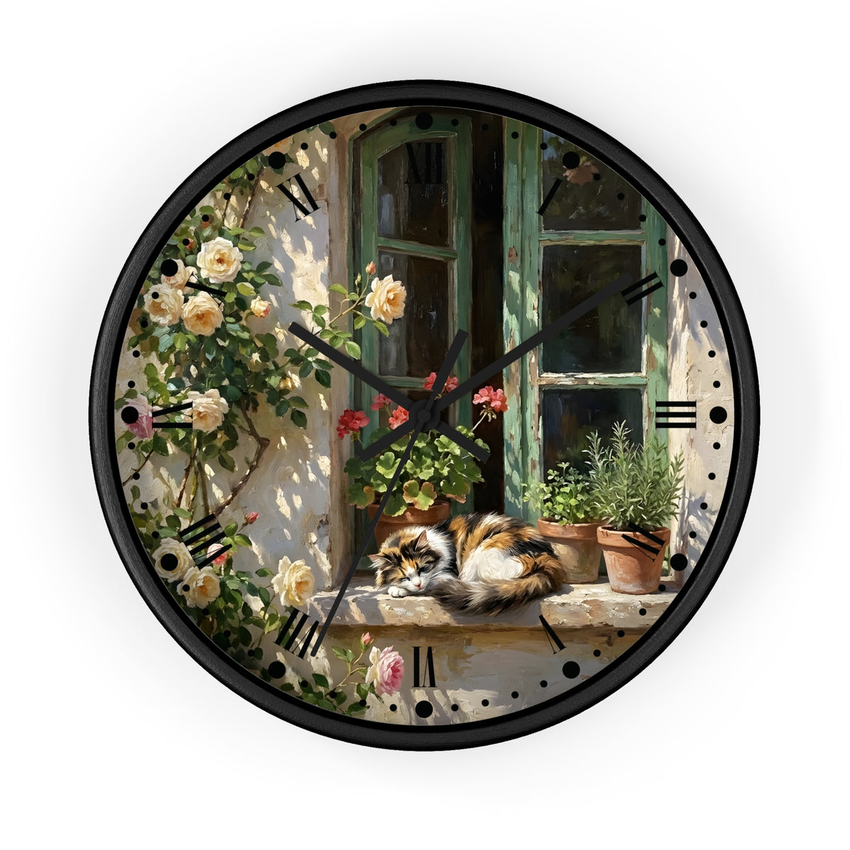 Round wall clock with a black frame and a printed scenic dial showing a cat resting on a windowsill beside climbing roses and potted plants, photographed against a plain white background.