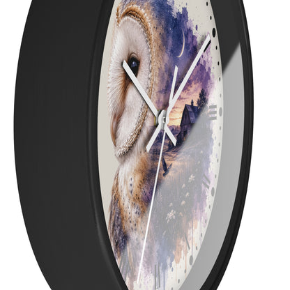 A round wall clock with a black frame with white hands and a printed owl artwork on the face. The design shows a large white and brown owl over a purple and blue watercolor landscape with a house and moon.