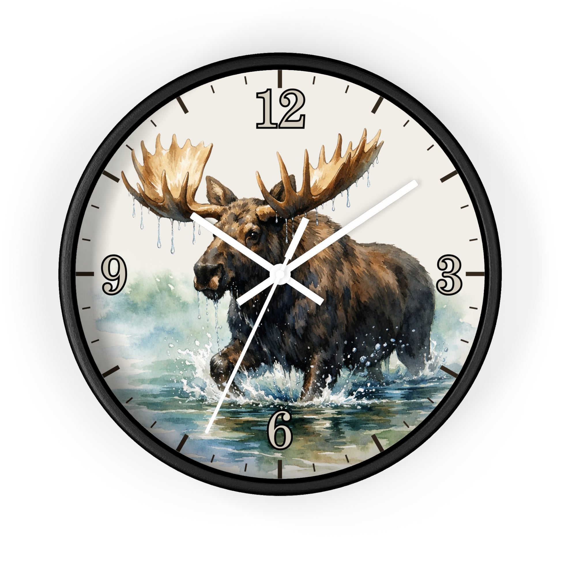 Round wall clock with a black frame and a printed moose artwork on the face, shown against a plain white background.