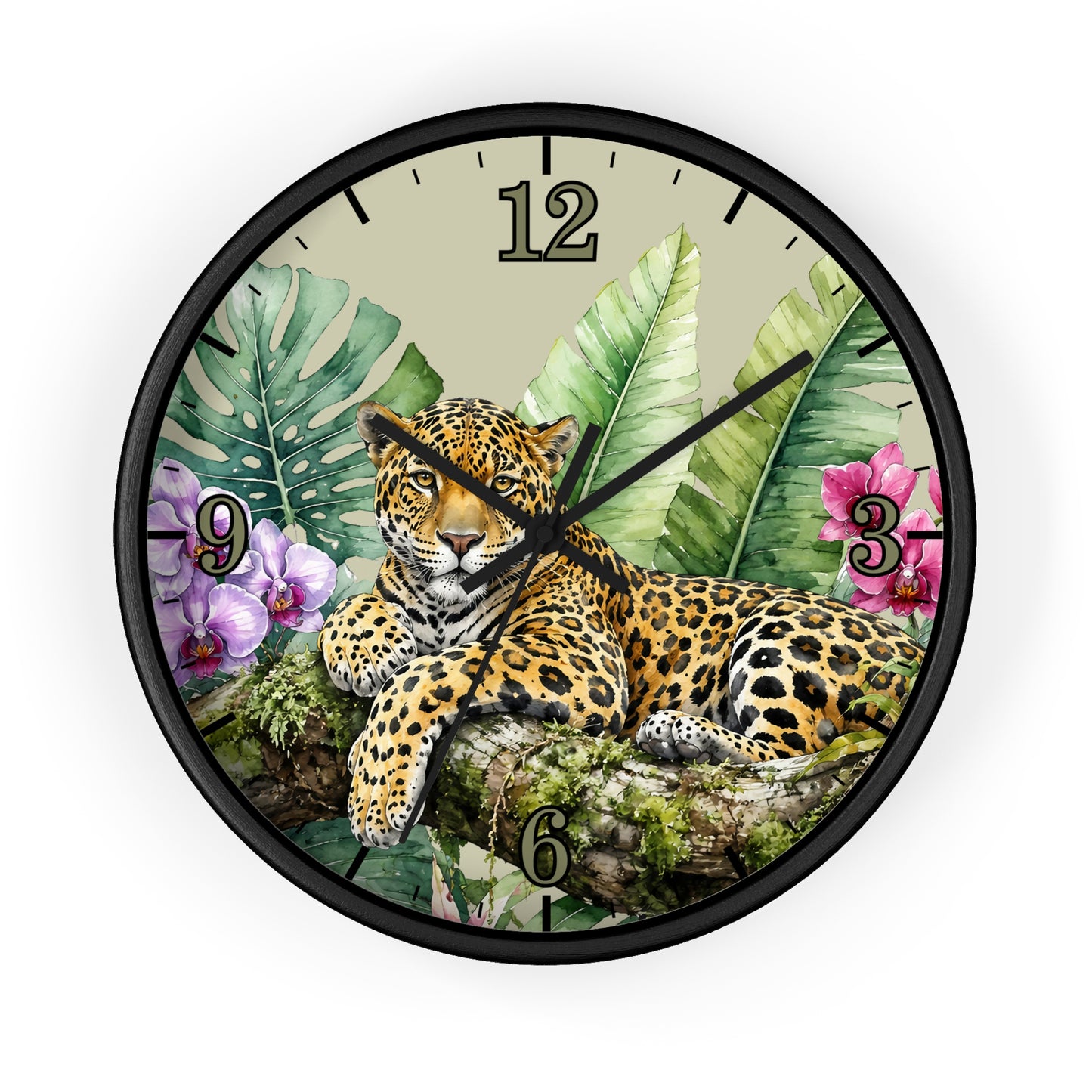 A round wall clock with a black frame and tropical jungle design featuring a leopard resting on a log among green leaves and pink flowers, with black Arabic numerals on a light beige background.