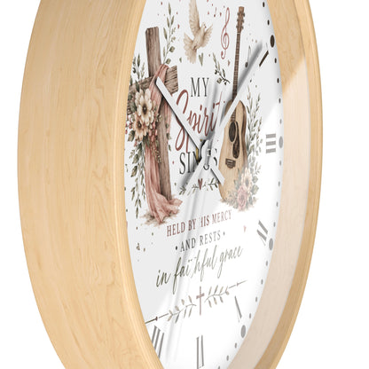 My Spirit Sings Religious Wall Clock — Faith-Inspired Guitar & Cross Home Decor