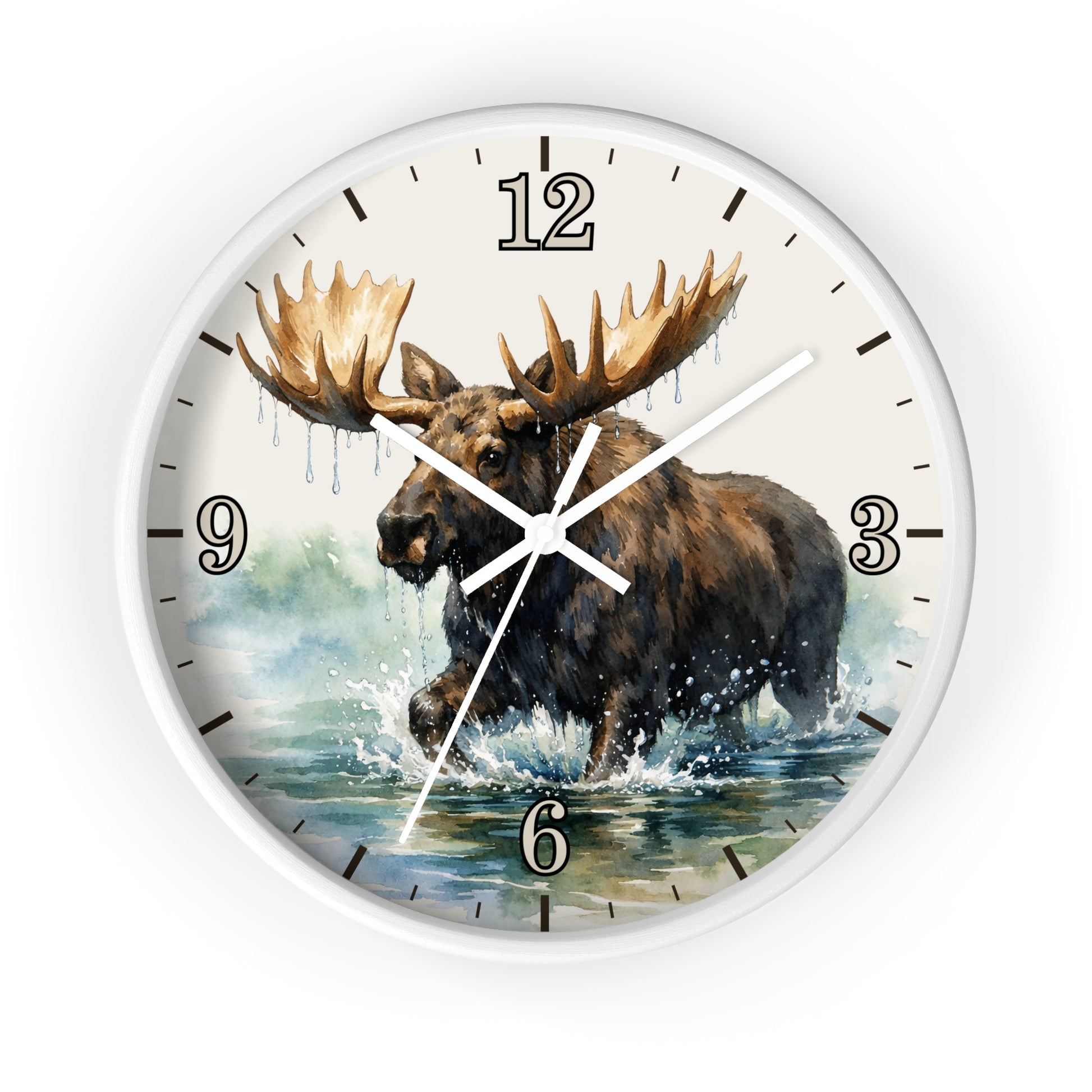 A round wall clock with a white frame and a printed illustration of a moose wading through water, with black Arabic numerals and clock hands on a white background.