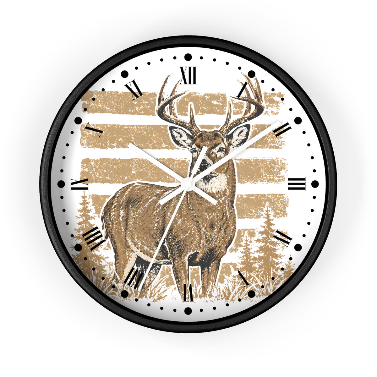 A round wall clock with a black frame and a white face featuring a detailed brown deer illustration, Roman numerals, and a distressed tan striped background.