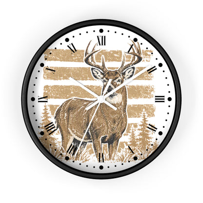 A round wall clock with a black frame and a white face featuring a detailed brown deer illustration, Roman numerals, and a distressed tan striped background.