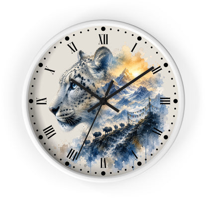 A round wall clock with a white frame and a printed scenic face featuring a snow leopard over blue mountains and a golden sky, with black Roman numerals and hands on a white background.