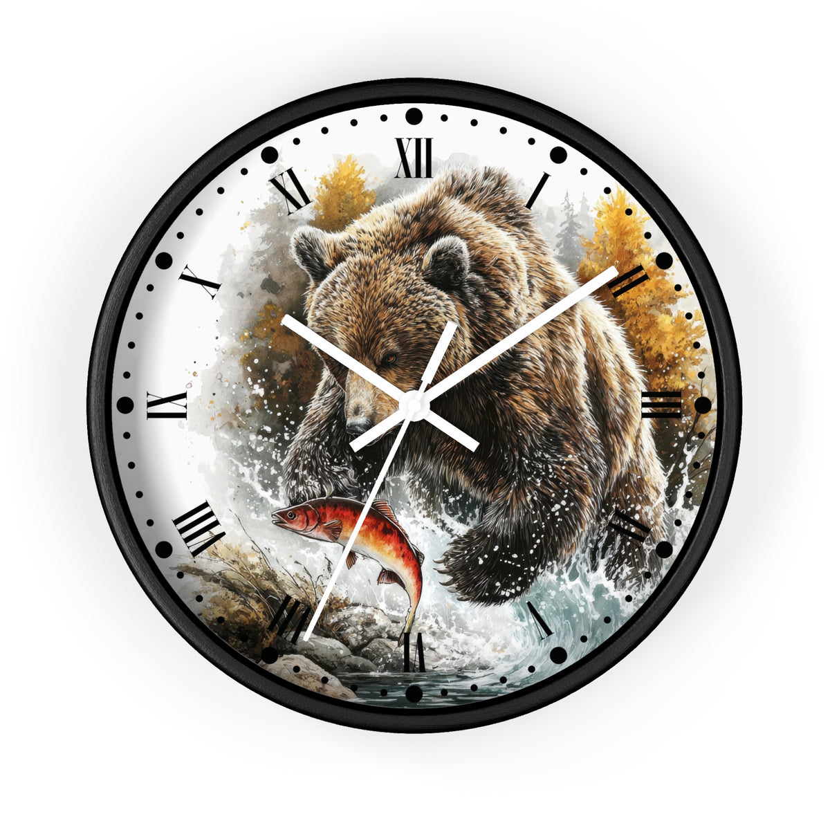 Bear Fishing Wall Clock — Rustic Wildlife River Scene Home Decor
