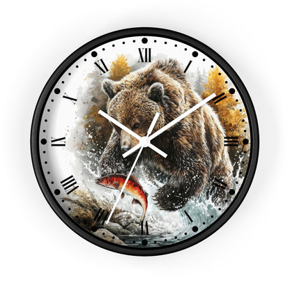 Bear Fishing Wall Clock — Rustic Wildlife River Scene Home Decor