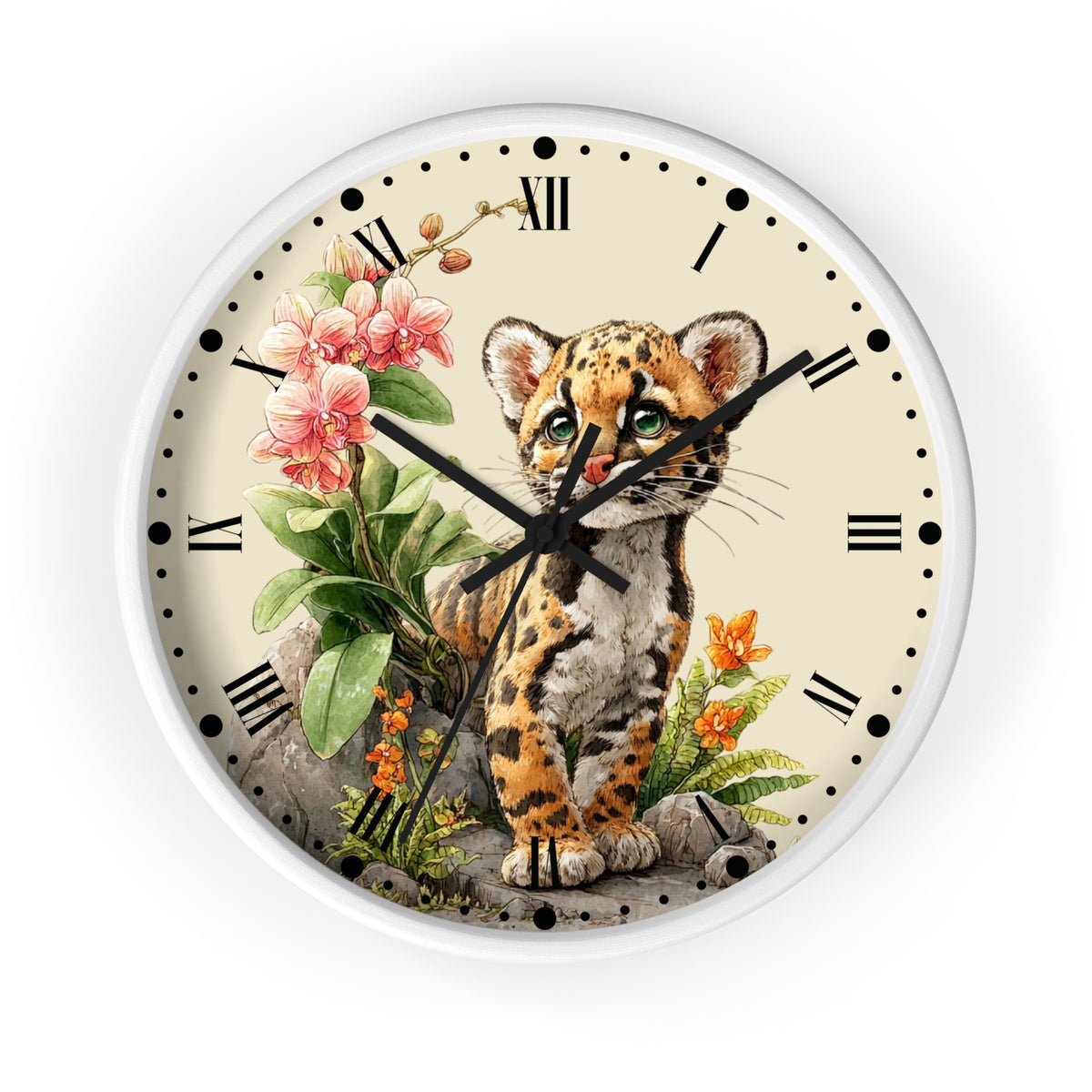 Round wall clock with a white frame and a cream-colored face, featuring an illustration of a spotted kitten sitting among pink flowers and green leaves. The clock has black Roman numerals and black hands.