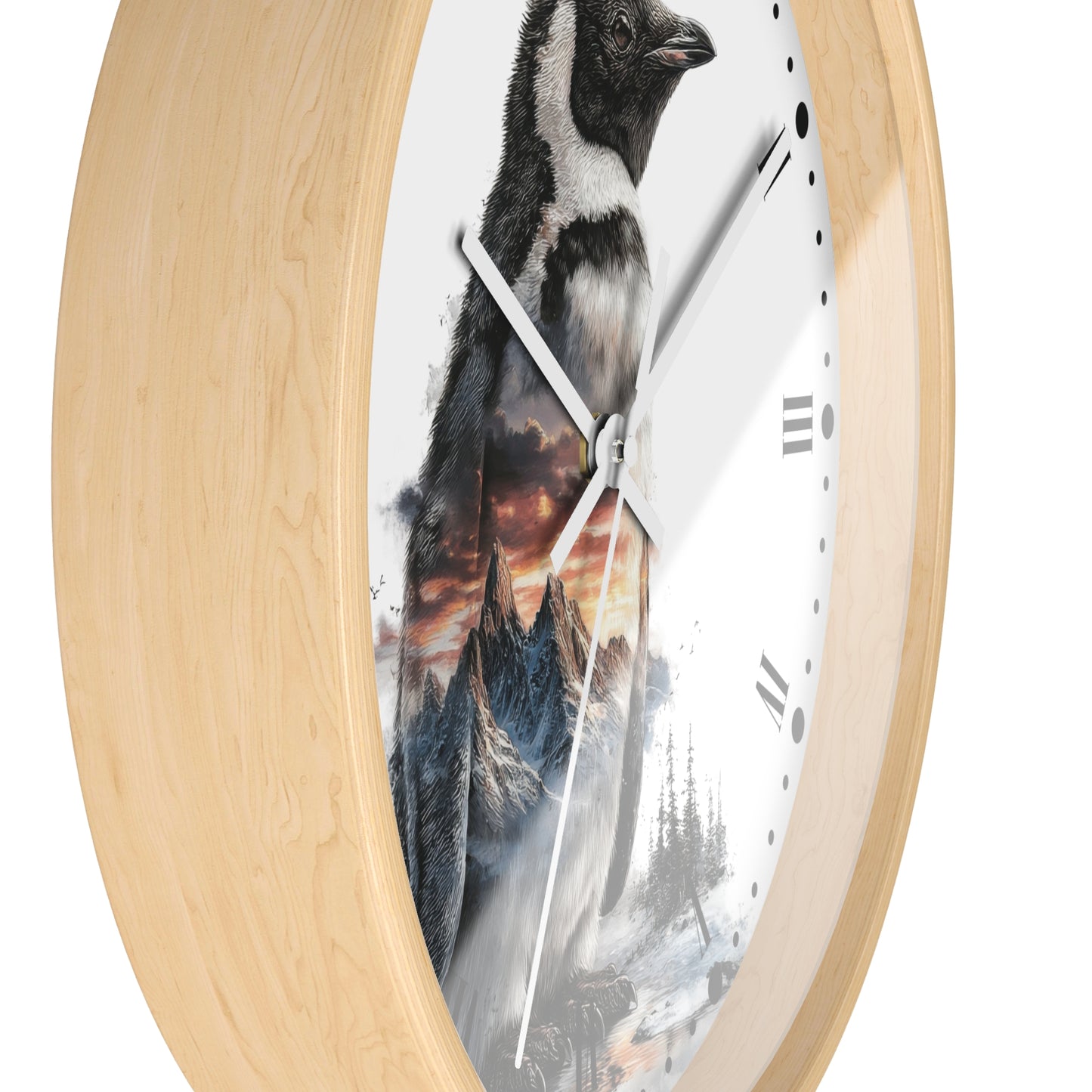 Round wall clock with a light natural wood frame and a white face featuring a printed penguin and mountain landscape design.