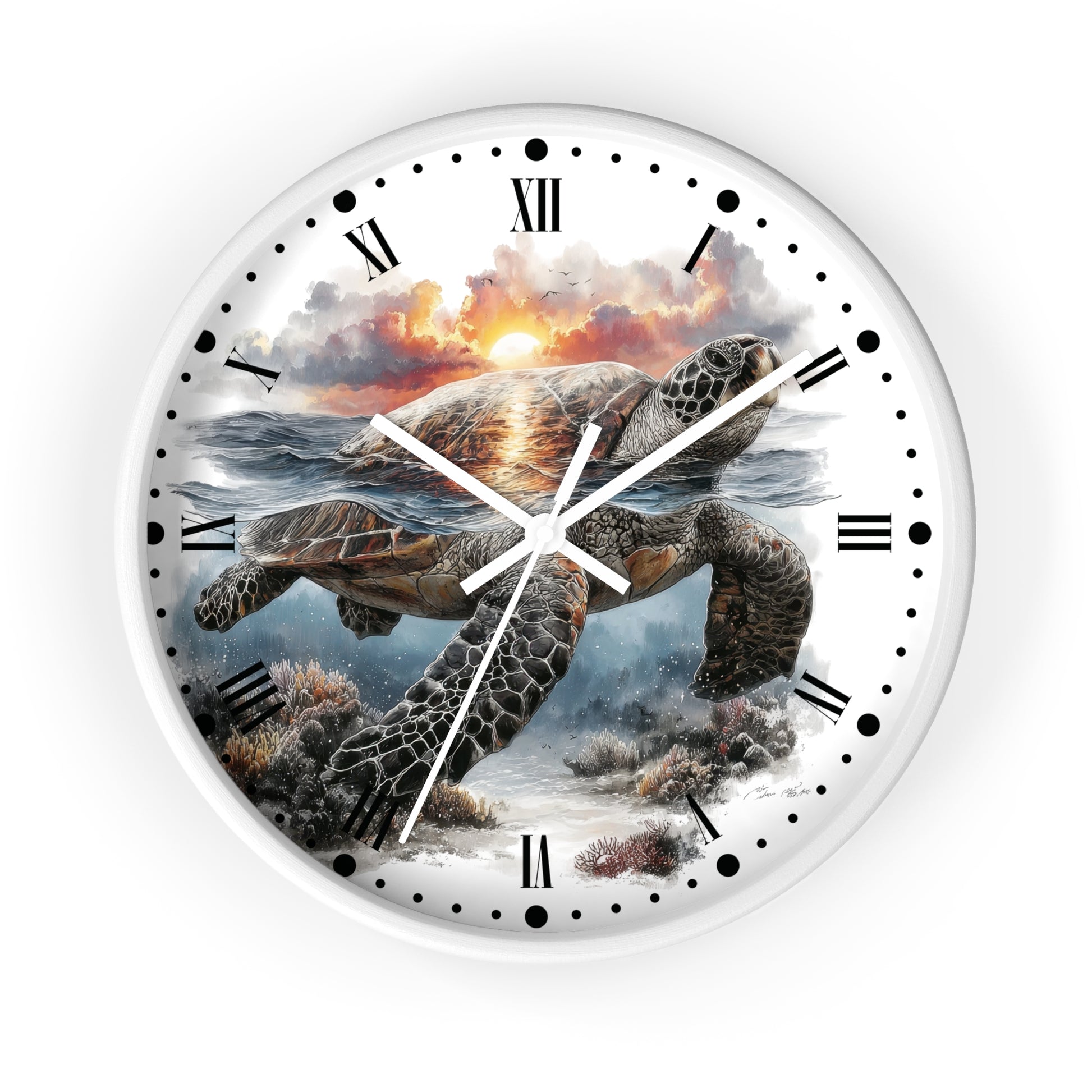 A round wall clock with a white frame and a printed ocean scene featuring a sea turtle swimming in front of a sunset over the water. The clock face has black Roman numerals, black hour markers, and white hands.