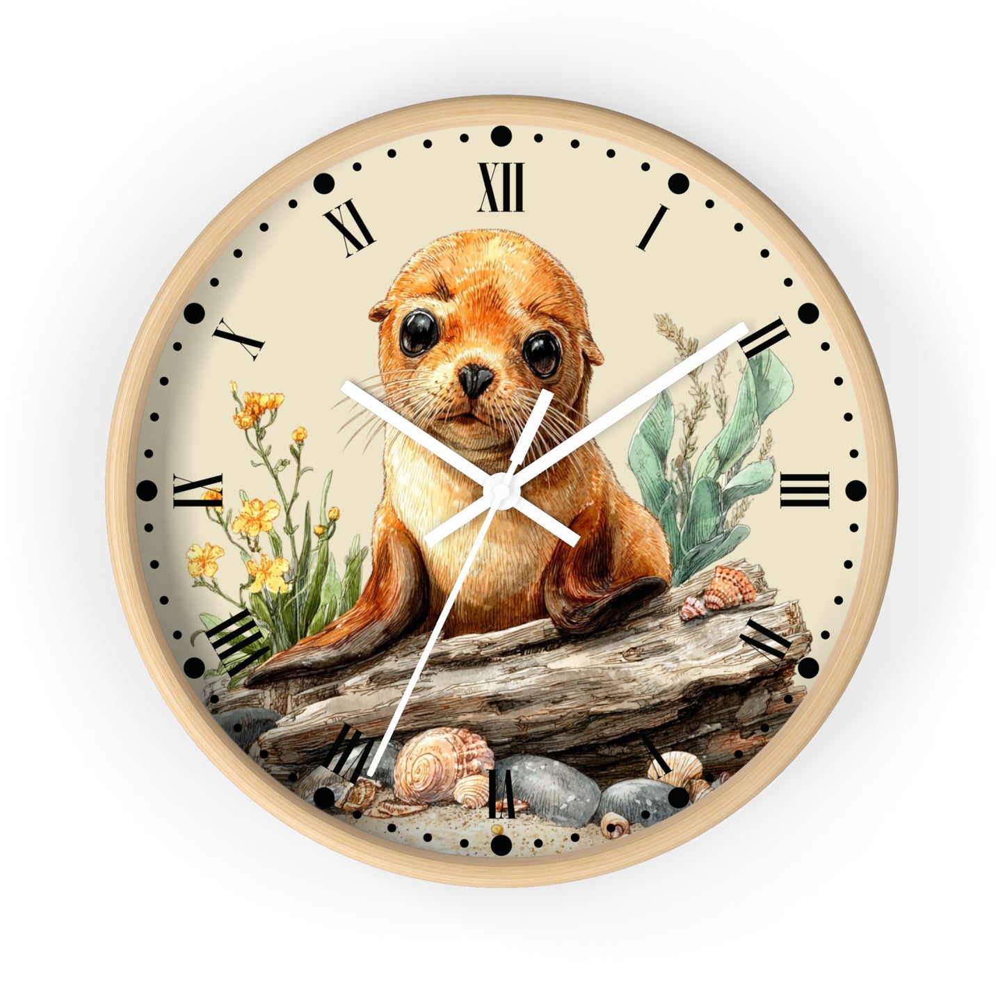 A round wall clock with a light wood frame and a cream-colored face, featuring a detailed illustration of a brown seal sitting on a log with seashells and green seaweed. The clock has black Roman numerals and white hands.