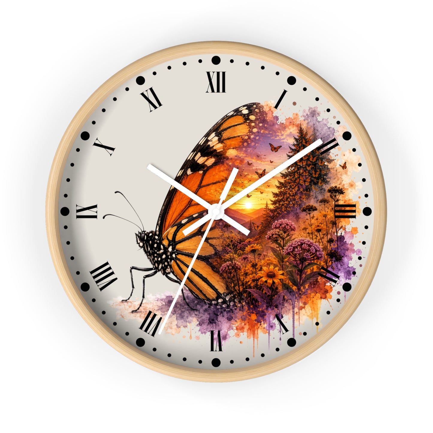 A round wall clock with a light wood frame and a printed butterfly artwork. The clock face is off-white with black Roman numerals and markers, white hands, and a large orange-and-black butterfly over a colorful floral and sunset-style illustration in purple, orange, yellow, and brown tones.