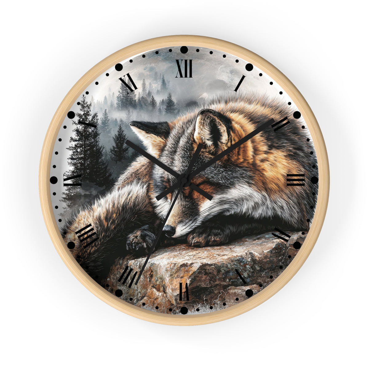 Round wall clock with a light wood frame and a printed wolf resting on a rock in a misty forest scene. The clock face has black Roman numerals and black hands, shown against a plain white background.