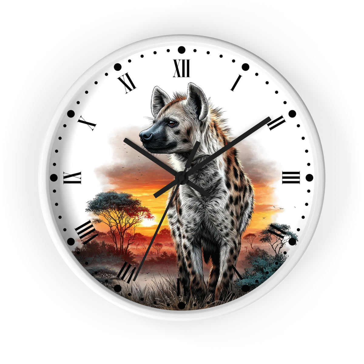Round wall clock with a white face, black Roman numerals, and black clock hands. The center features a detailed illustration of a spotted hyena standing in a savanna landscape at sunset, with trees and warm orange, yellow, and brown tones.