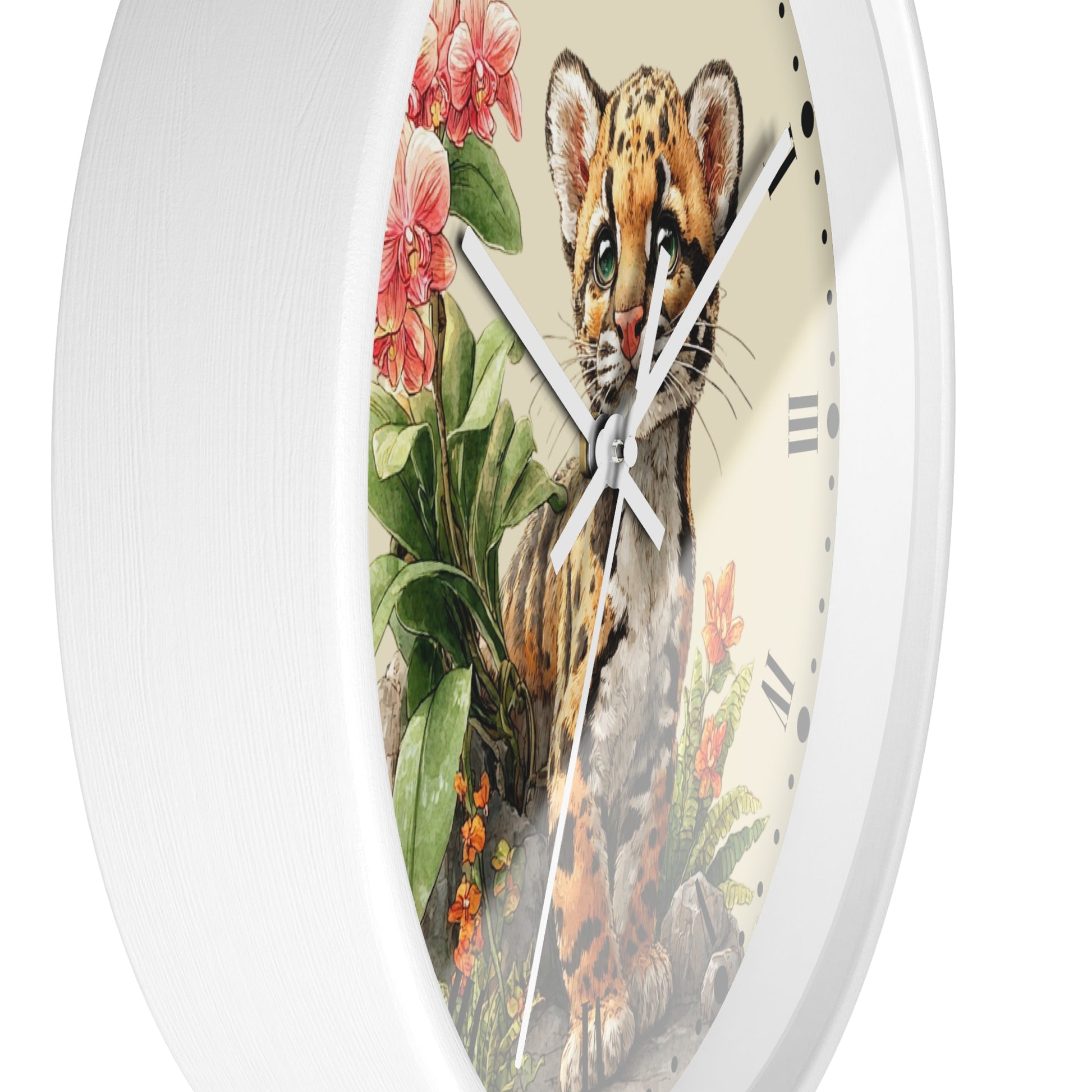 Round wall clock with a white frame and a detailed illustration of a spotted big cat among pink flowers and green leaves on the face.