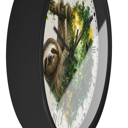 A round wall clock with a black frame and a printed face showing a sloth hanging in a green forest, photographed on a white background.