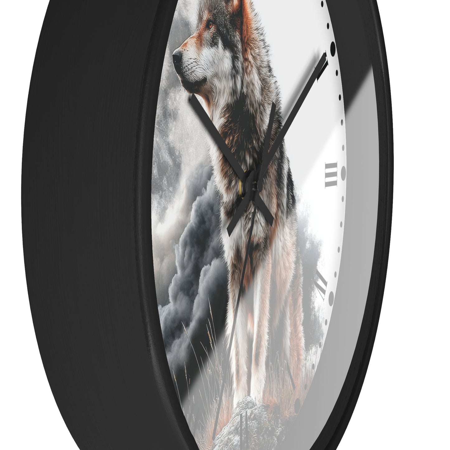 A round wall clock with a black frame and a printed design of a wolf standing in dramatic clouds. The clock is shown at an angle against a plain white background.