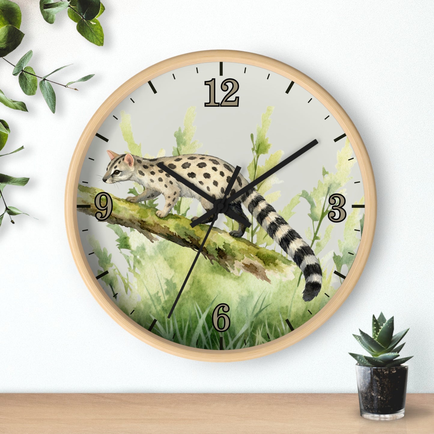 Watercolor Genet Cat Wall Clock - Safari Animal Decor