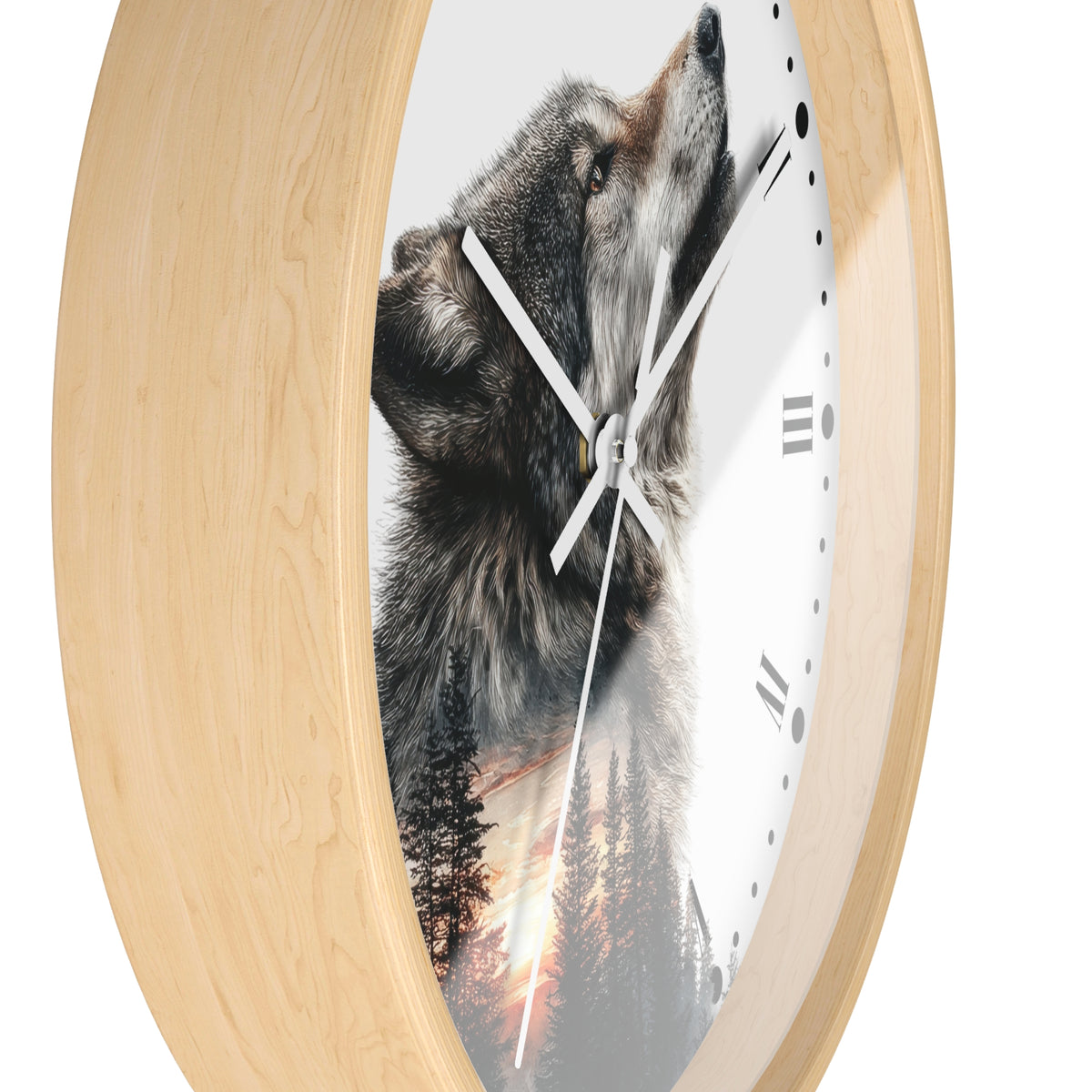 Wolf  Sunset Wall Clock with Roman Numerals — Rustic Forest Animal Decor
