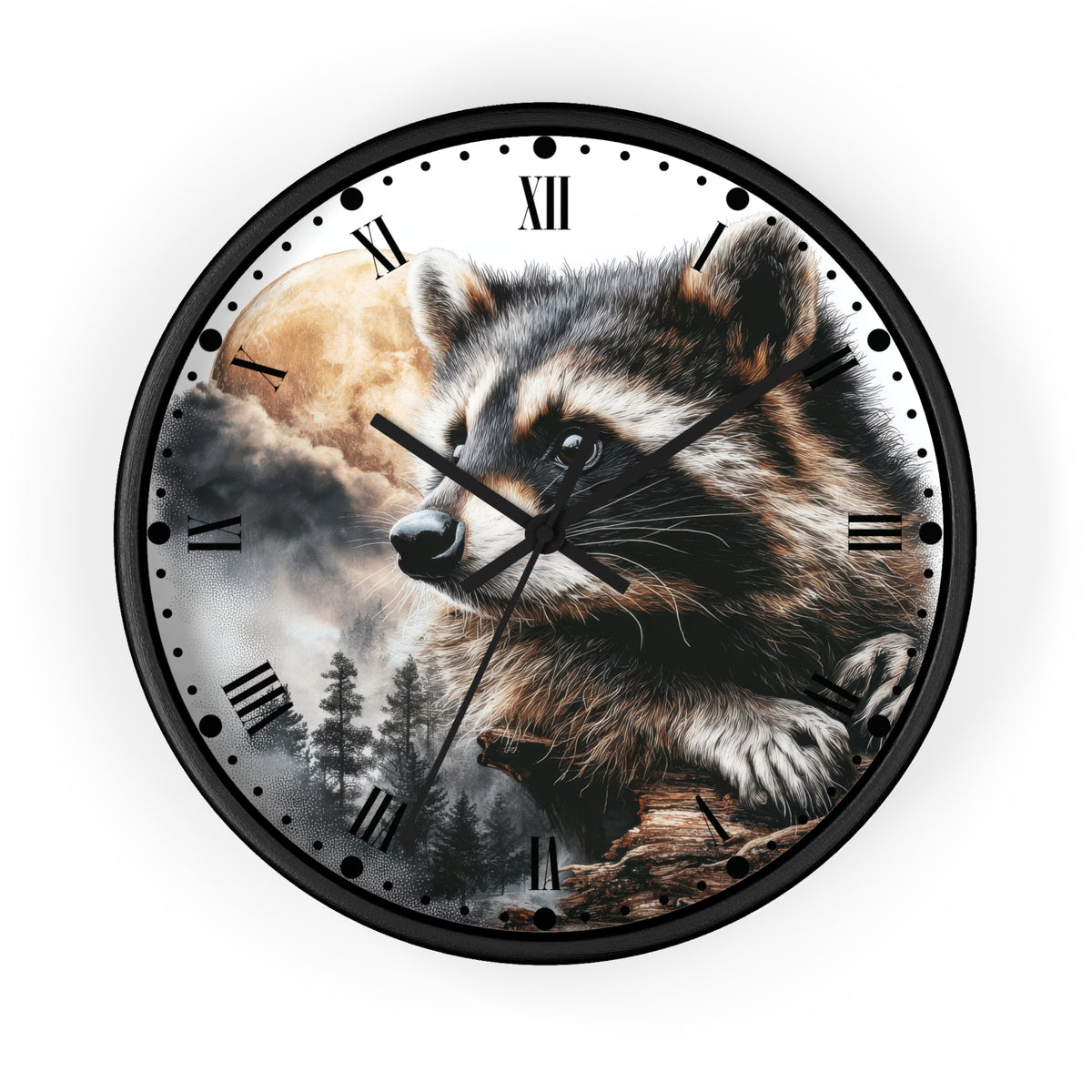 A round wall clock with a black frame and a printed raccoon illustration over a cloudy sky and trees, with black Roman numerals and black clock hands on a white background.