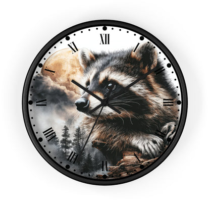 A round wall clock with a black frame and a printed raccoon illustration over a cloudy sky and trees, with black Roman numerals and black clock hands on a white background.
