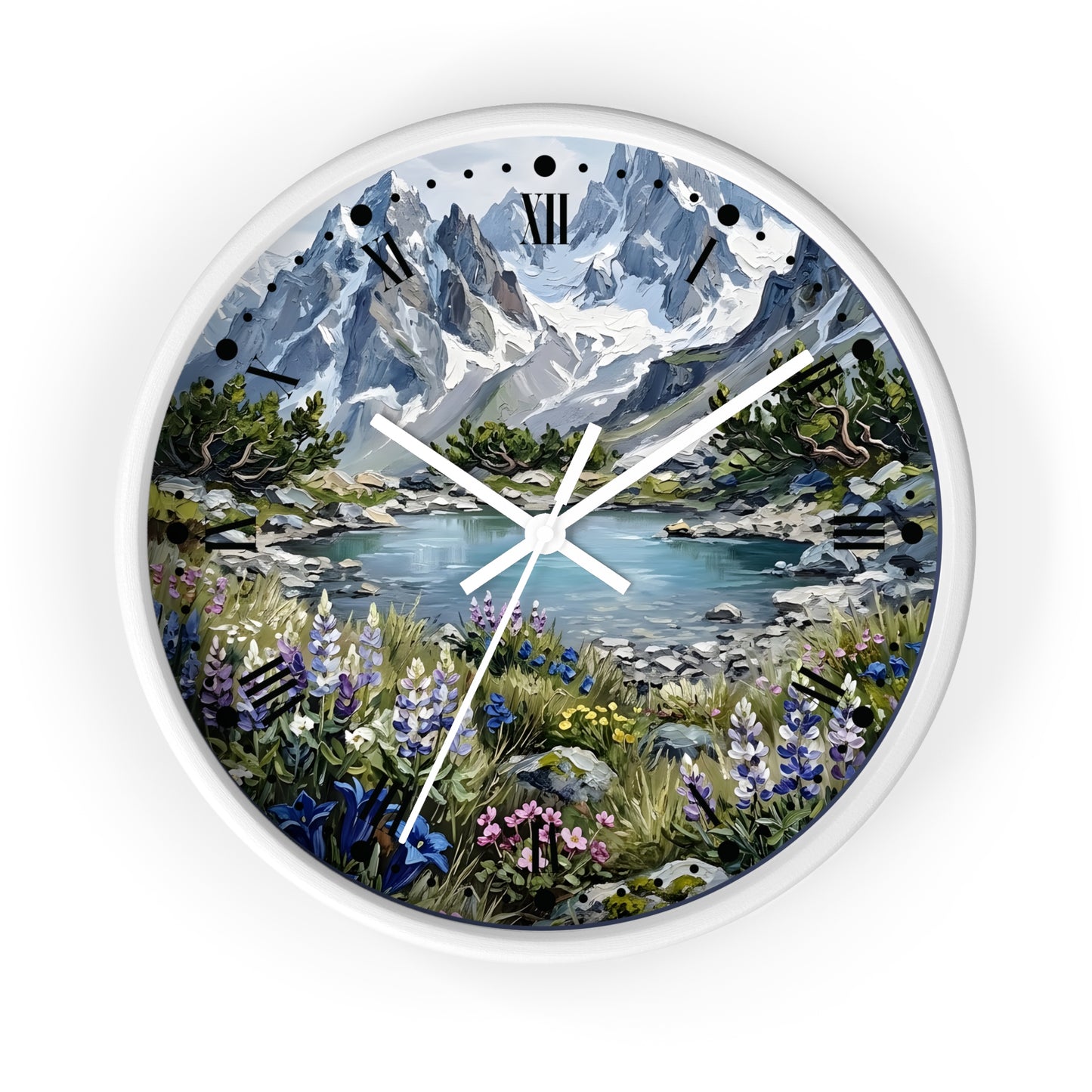 Round wall clock with a white frame and a scenic landscape print featuring snow-capped mountains, a lake, and wildflowers, with white clock hands and black Roman numerals.