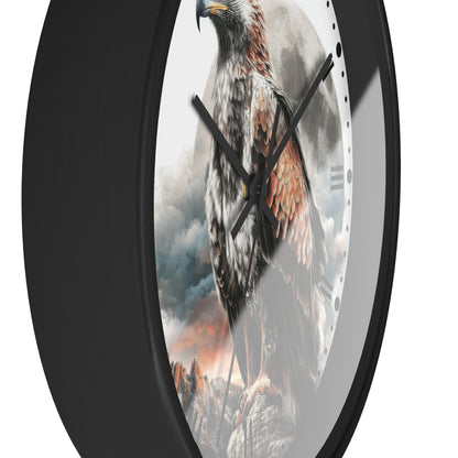 A round wall clock with a black frame and a printed design of a large eagle standing on rocky ground against a cloudy sky. The clock is shown at an angle against a plain white background.