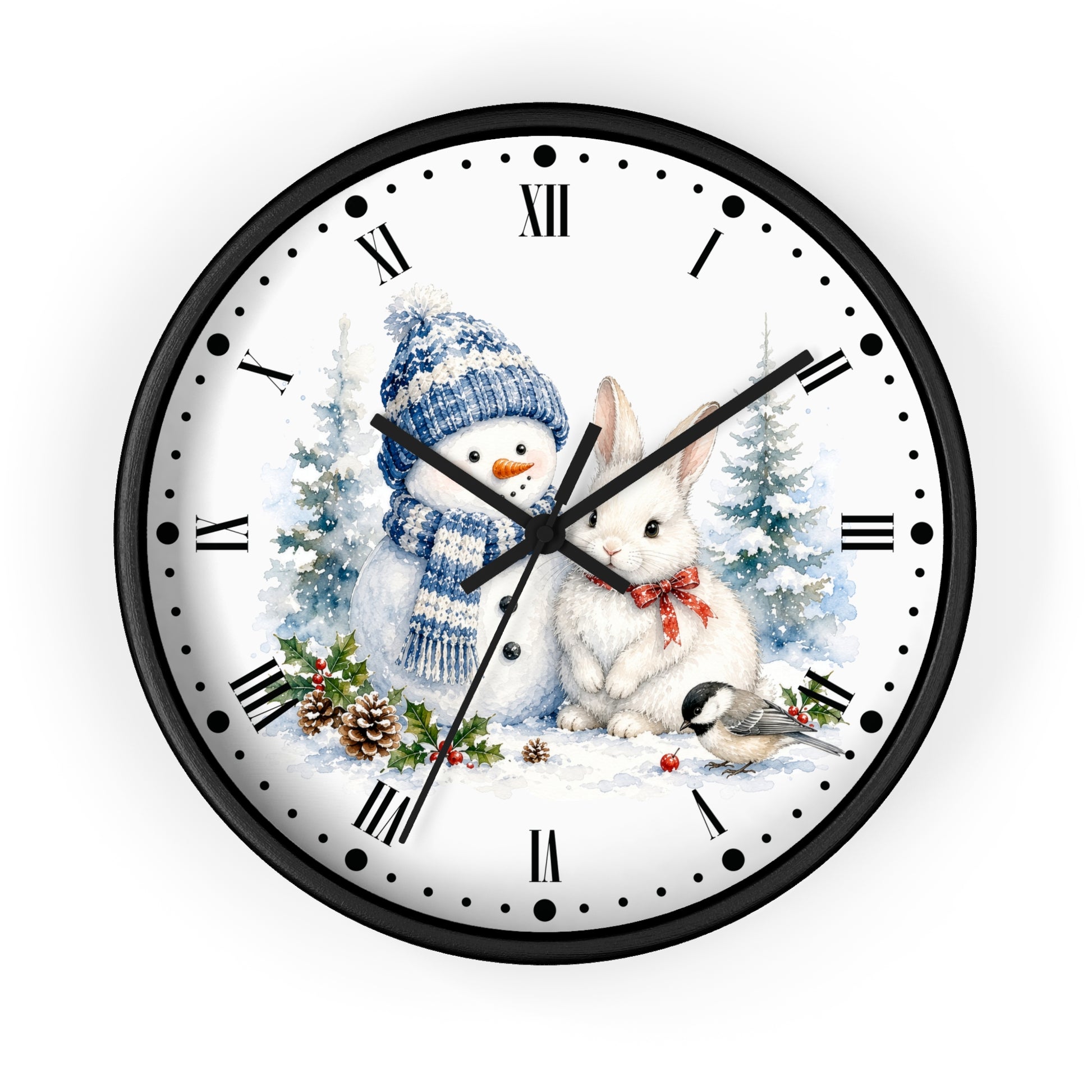 A round wall clock with a black frame and a white face featuring a winter holiday illustration of a snowman in a blue knit hat, a white rabbit with a red bow, evergreen trees, pinecones, and a small bird. The clock uses Roman numerals and black hands.