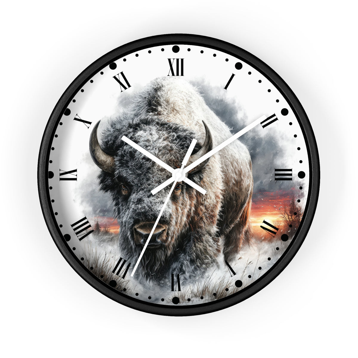 Round wall clock with a black frame and Roman numerals, featuring a large bison graphic on a white face with a smoky sunset background.