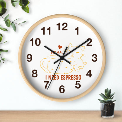 I Need Espresso Wall Clock | Cute Cat & Coffee Kitchen Decor