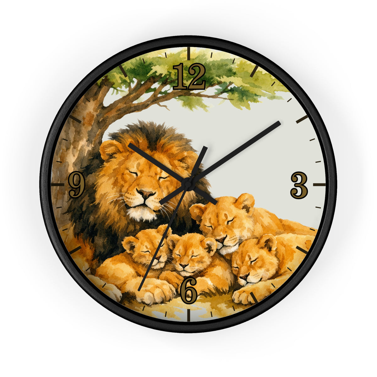 Round wall clock with a black frame and a printed illustration of a lion family under a tree. The clock face has a light gray background with black Arabic numerals and black hands.