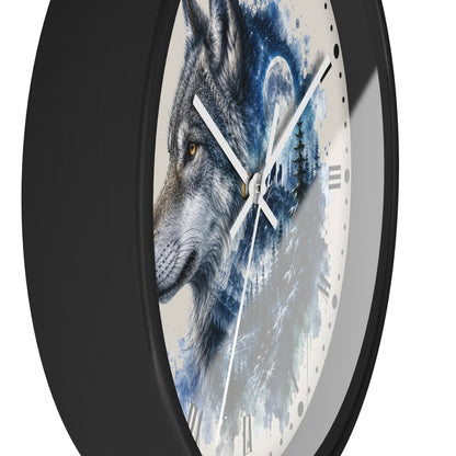 A round wall clock with a black frame and a white dial featuring a detailed illustration of a gray wolf with blue watercolor and moon elements.