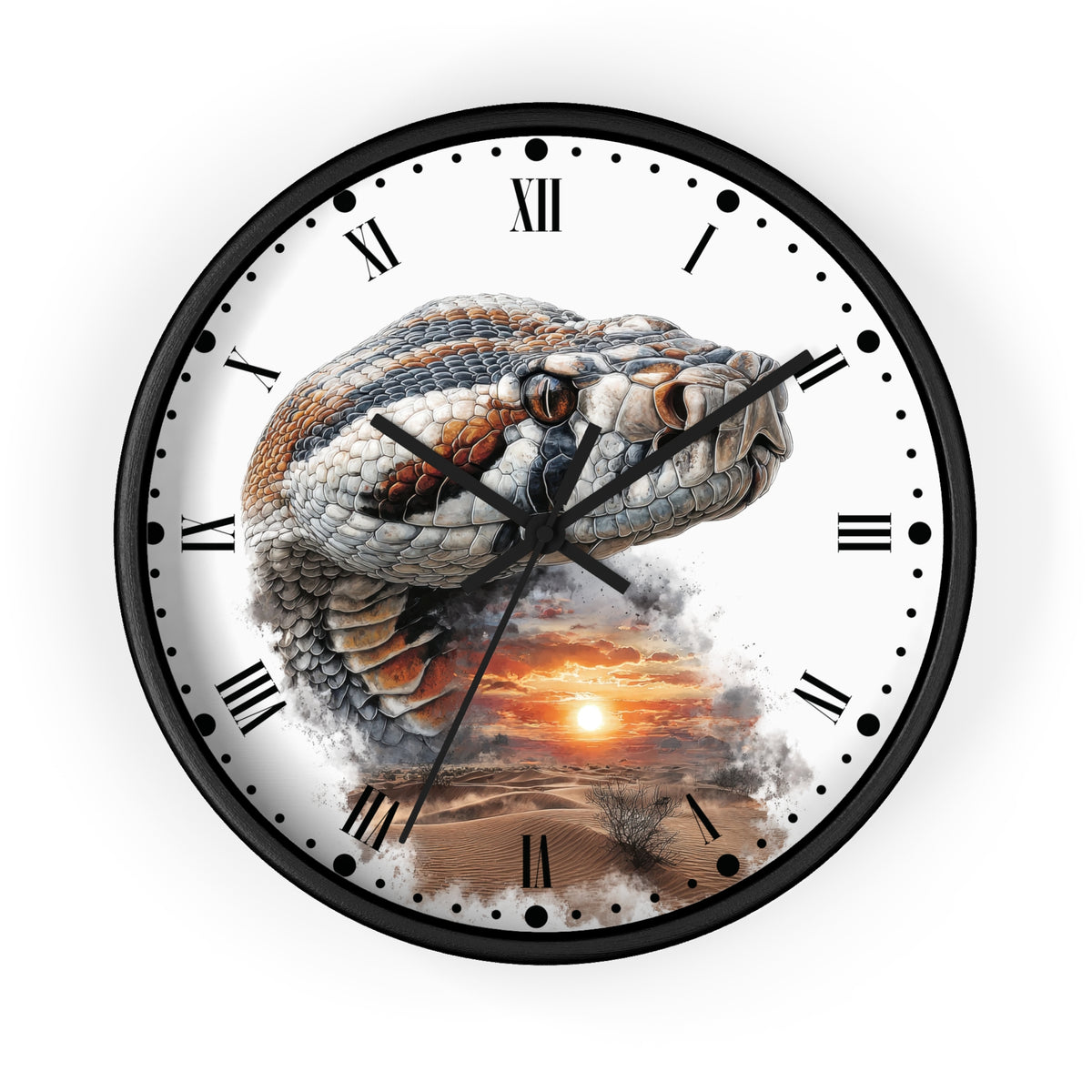A round wall clock with a black frame and Roman numerals, featuring a printed design of a rattle snake over a desert sunset scene on a white background.