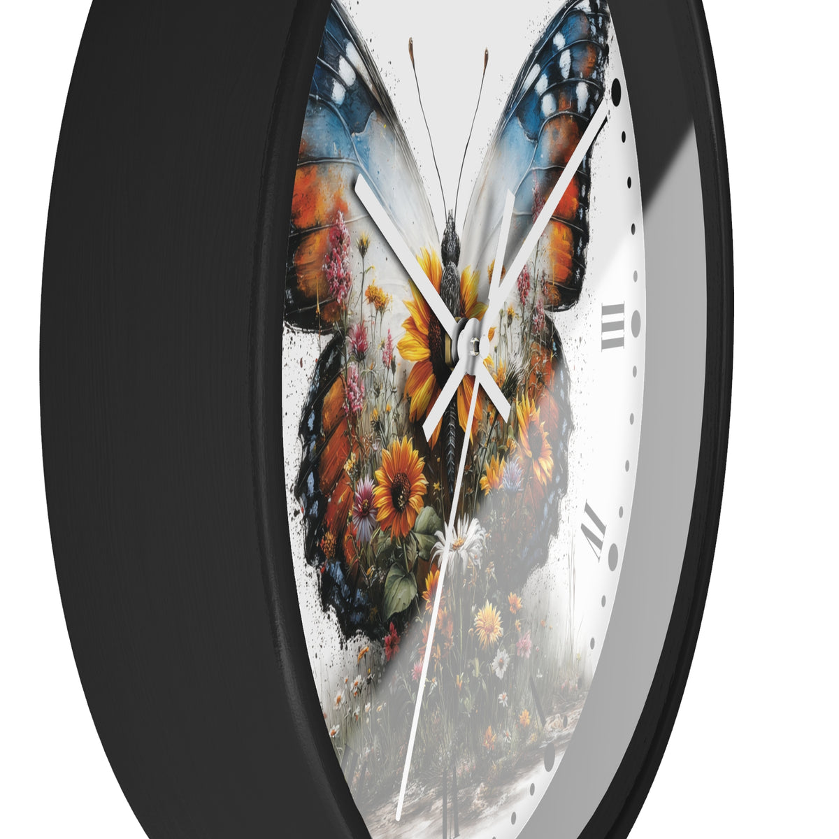 A close-up of a round wall clock with a black frame and a white face featuring a large colorful butterfly and floral artwork.