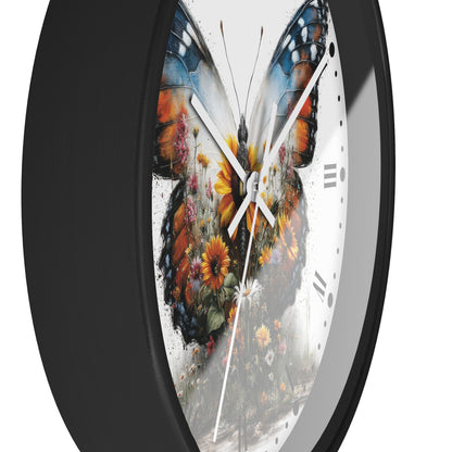 A close-up of a round wall clock with a black frame and a white face featuring a large colorful butterfly and floral artwork.