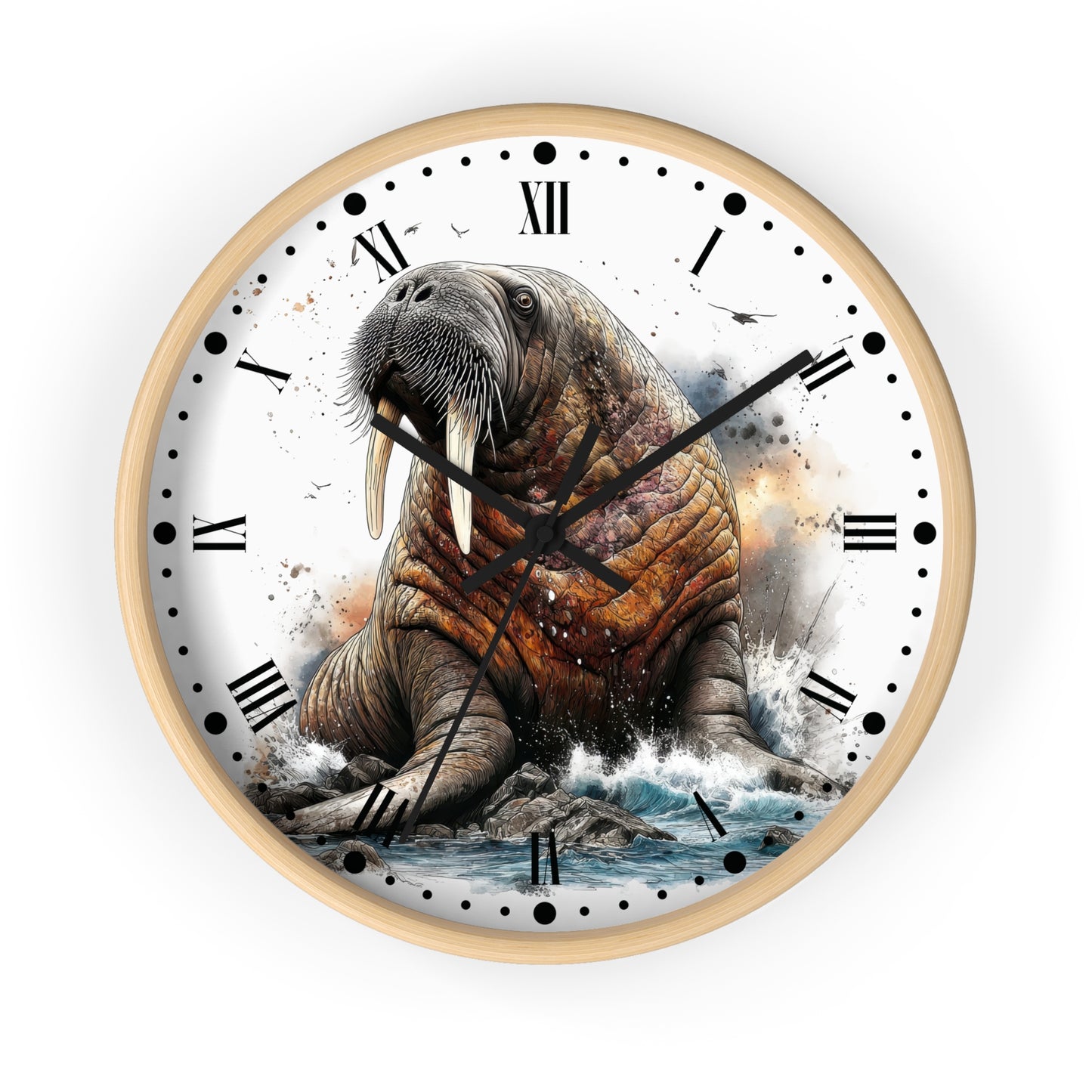 Round wall clock with a light wood frame and a printed design of a walrus on the face, featuring black Roman numerals, black dots for minutes, and black hands.