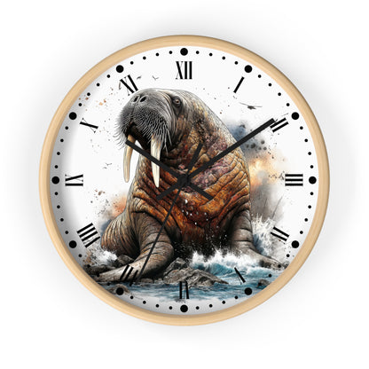 Round wall clock with a light wood frame and a printed design of a walrus on the face, featuring black Roman numerals, black dots for minutes, and black hands.
