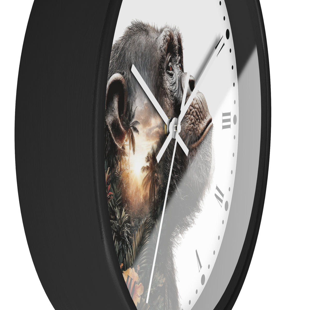 A close-up of a round wall clock with a black frame and a white face featuring a detailed chimpanzee portrait with a sunset landscape printed behind it.