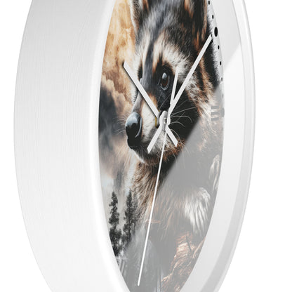 Round wall clock with a white frame and a printed raccoon face design on the face, with white hands and a small black second hand, shown against a plain white background.
