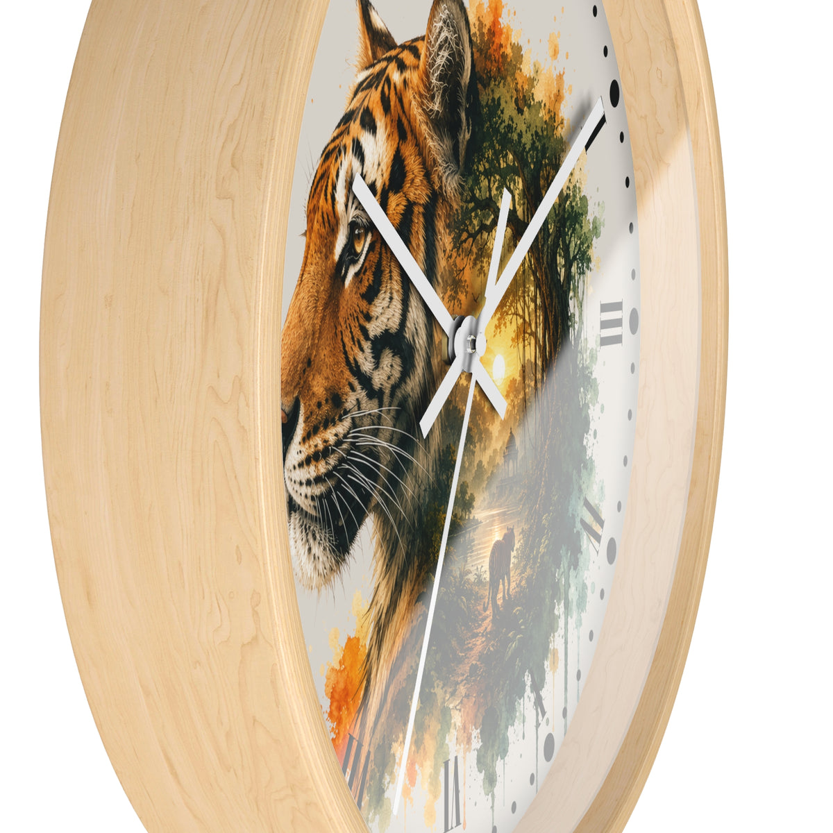 Round wall clock with a light natural wood frame and a printed face featuring a tiger head over a watercolor-style forest scene, shown on a white background.