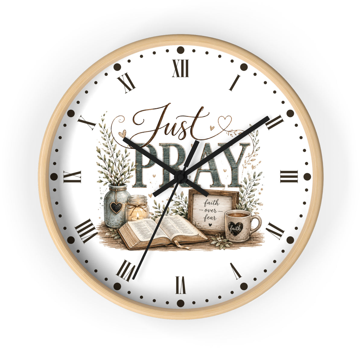 Just Pray Decorative Wall Clock — Rustic Faith-Inspired Home Decor