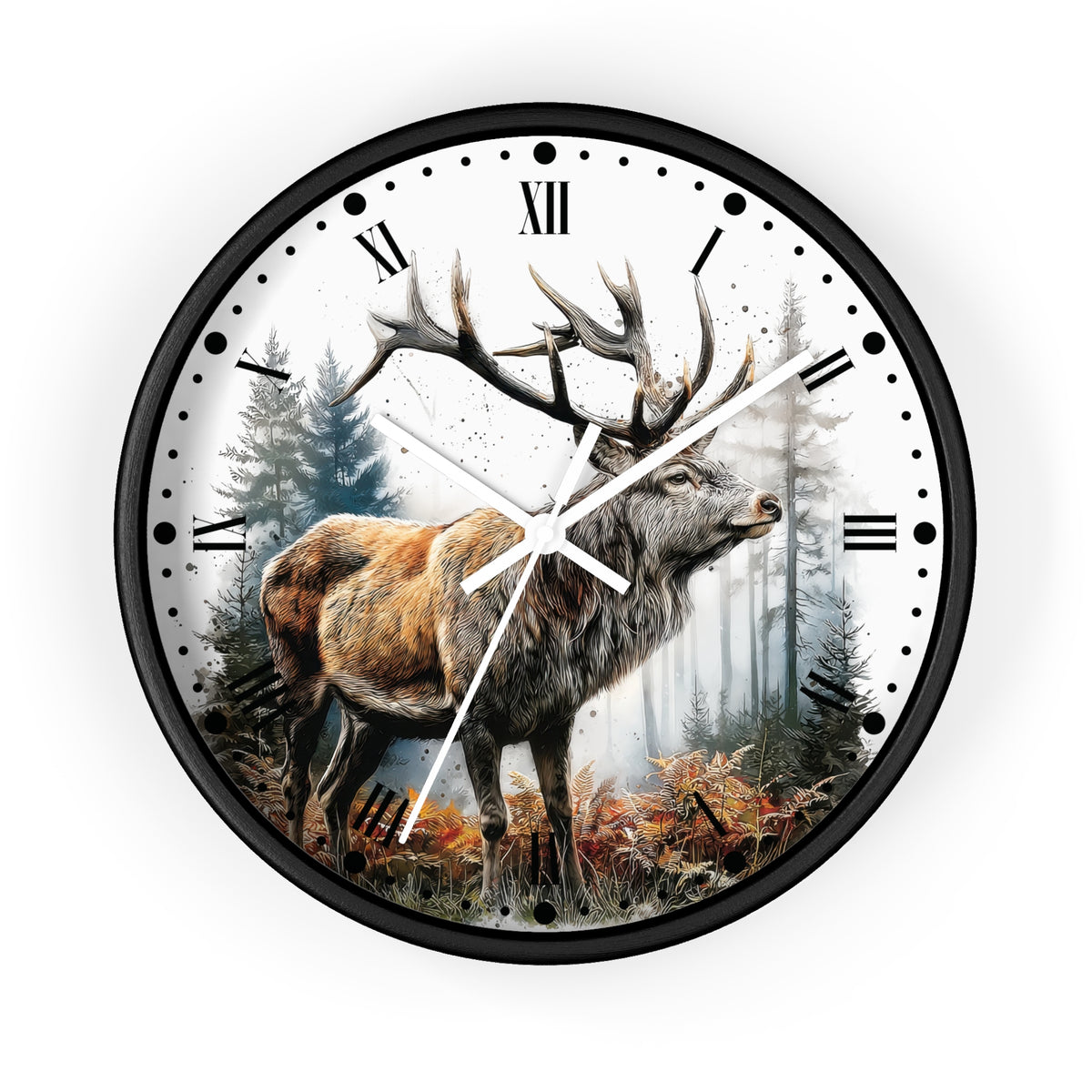 Round wall clock with a black frame and a printed forest scene featuring a large deer with antlers, Roman numerals, and black hour markers on a white background.