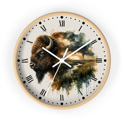 Buffalo Landscape Wall Clock — Rustic Prairie Bison Art