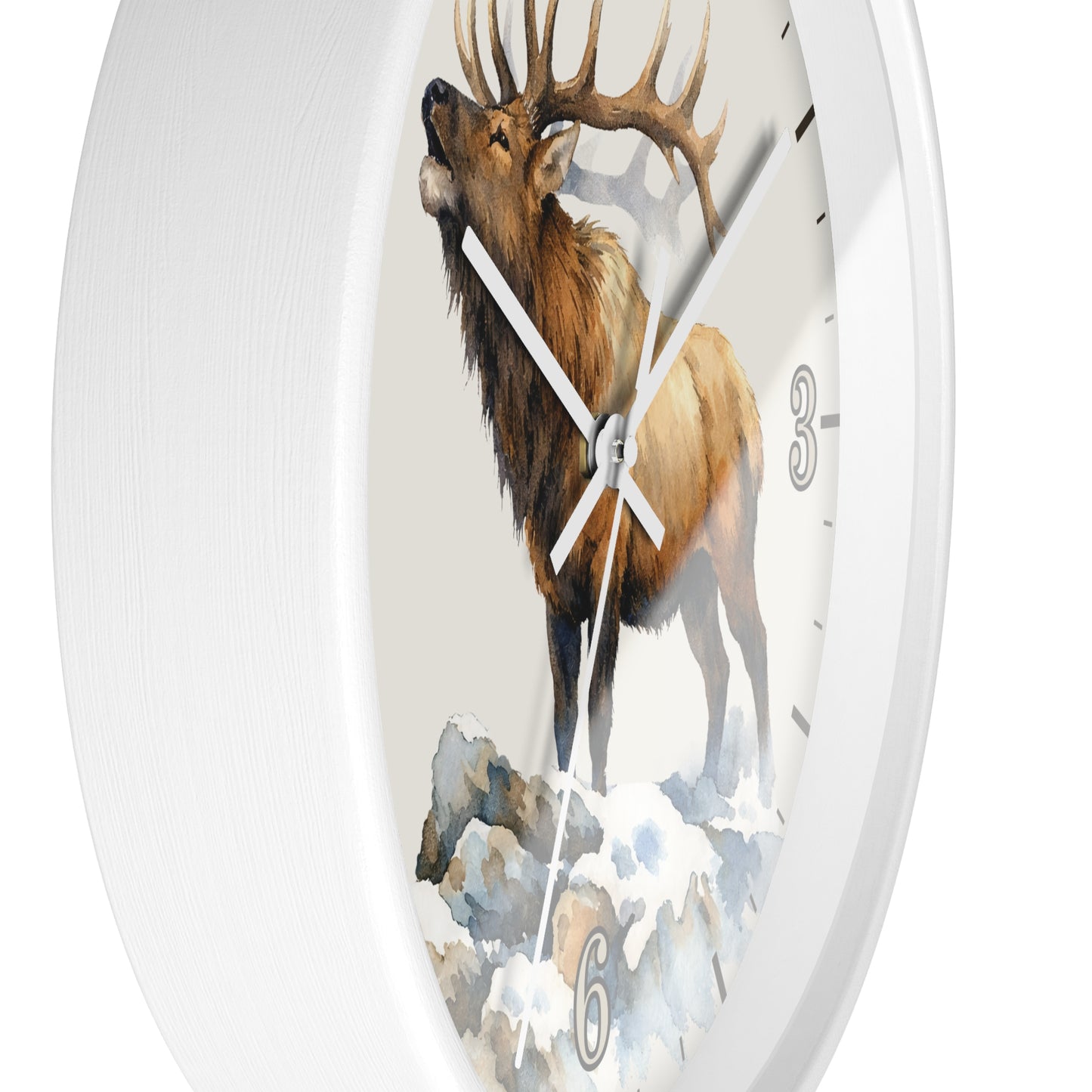 Elk Winter Wall Clock — Rustic Watercolor Mountain Lodge Decor