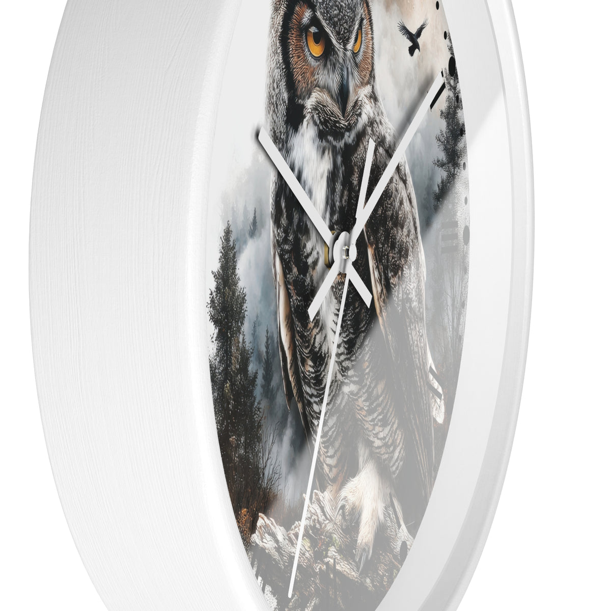 A round white wall clock featuring a large detailed owl illustration on the front face, with white clock hands and no visible brand text.