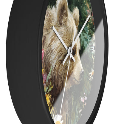 Bear Cub Floral Wall Clock — Rustic Woodland Nursery Decor