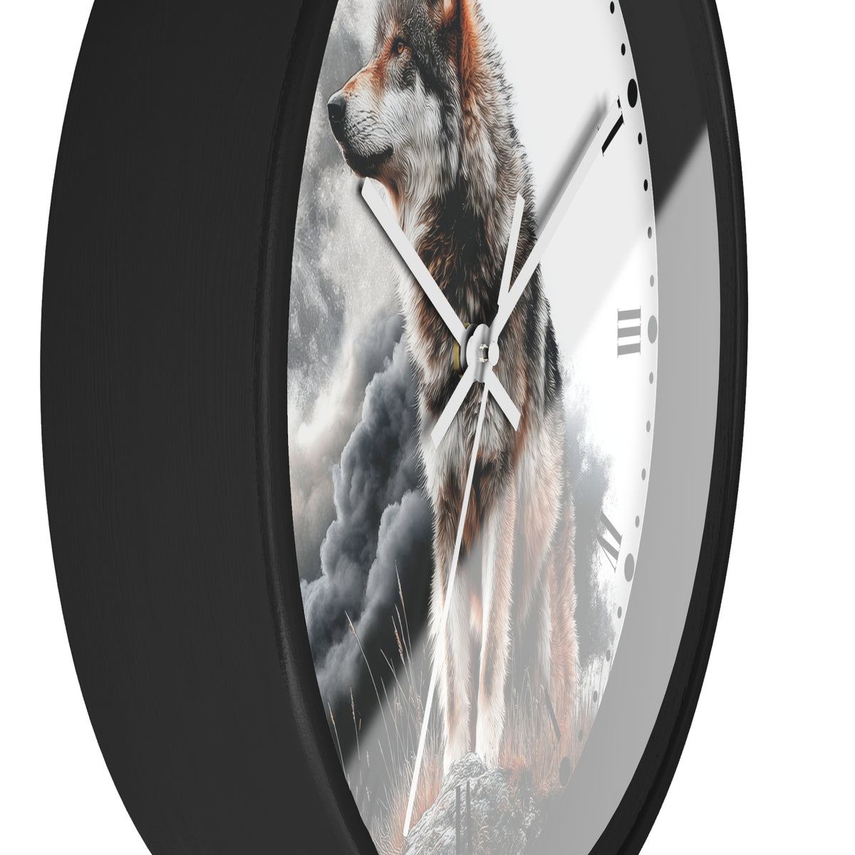 A close-up of a round wall clock with a black frame and a printed design of a wolf standing in dramatic clouds on the face. The clock has white hands, black Roman numerals, and a glossy finish, shown against a plain white background.
